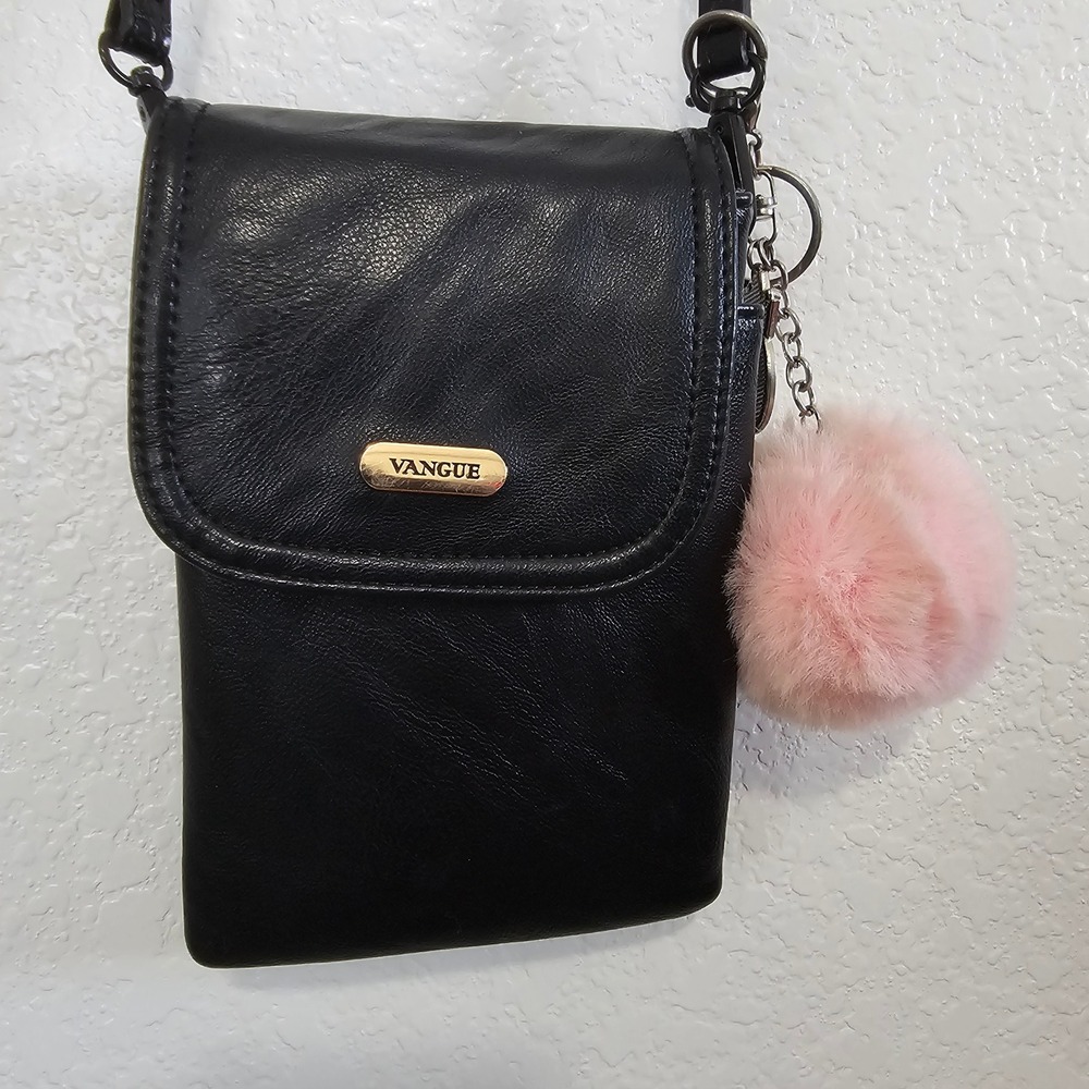 Vangue Black Vegan Leather Crossbody Phone Bag with Pink Pom Pom Keychain‎